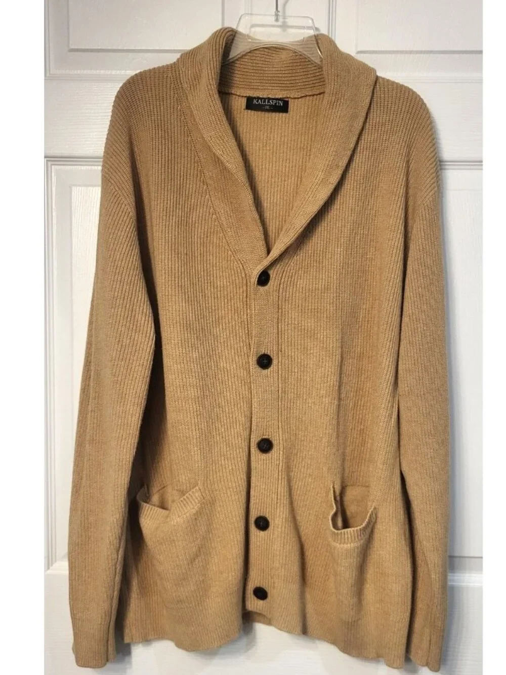 Mens Kallspin 3XL Tan Shawl Collar Button Cardigan Wool Grandpa Academia Preppy